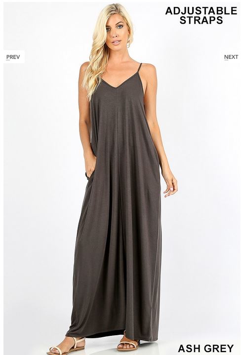 A-V-NECK CAMI MAXI DRESS WITH SIDE POCKETS
