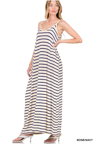 A-STRIPE CAMI MAXI DRESS WITH POCKETS