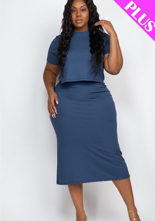 A-Plus Short Sleeve Ribbed Top & Midi Skirt Set