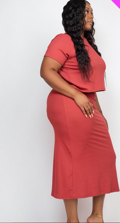 A-Plus Short Sleeve Ribbed Top & Midi Skirt Set