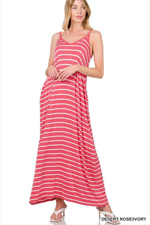 A-STRIPE CAMI MAXI DRESS WITH POCKETS