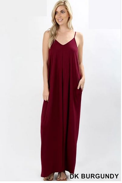 A-V-NECK CAMI MAXI DRESS WITH SIDE POCKETS