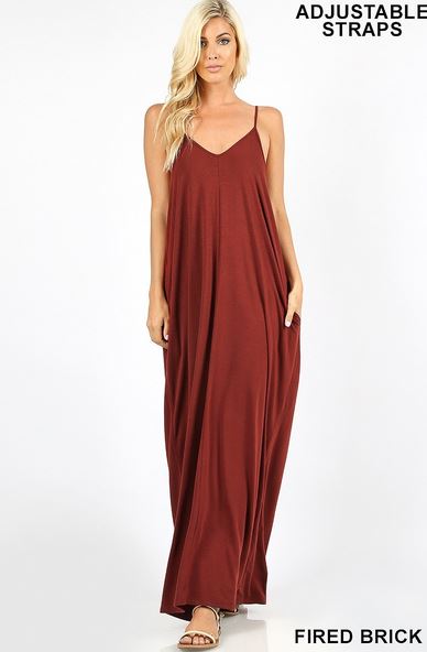 A-V-NECK CAMI MAXI DRESS WITH SIDE POCKETS