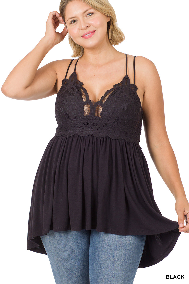 A-PLUS CROCHET LACE CRINKLE ASYMMETRIC RUFFLE DRESS