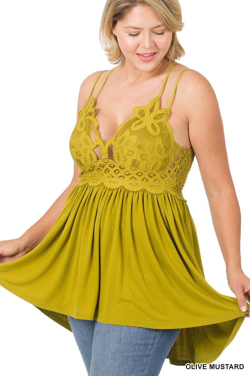 A-PLUS CROCHET LACE CRINKLE ASYMMETRIC RUFFLE DRESS