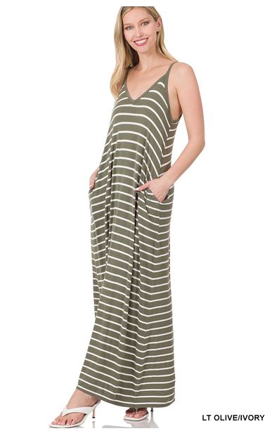 A-STRIPE CAMI MAXI DRESS WITH POCKETS