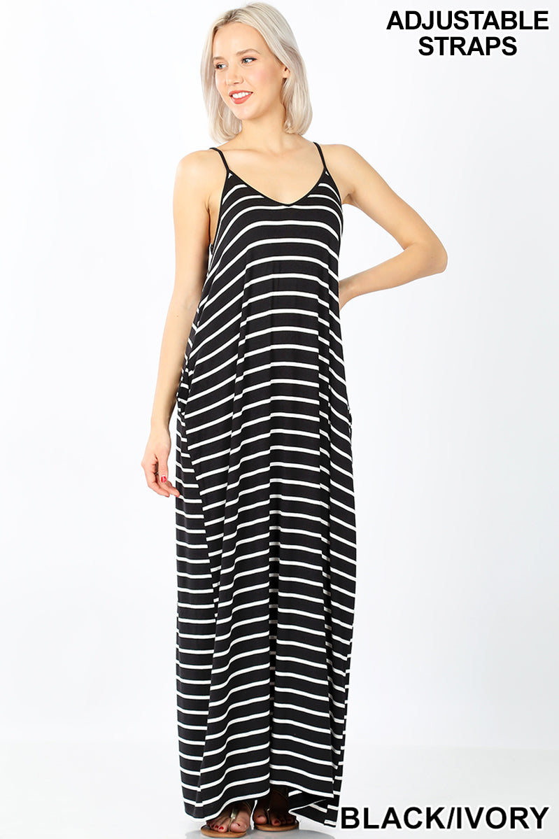 A-STRIPE CAMI MAXI DRESS WITH POCKETS