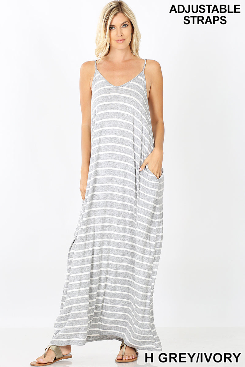 A-STRIPE CAMI MAXI DRESS WITH POCKETS