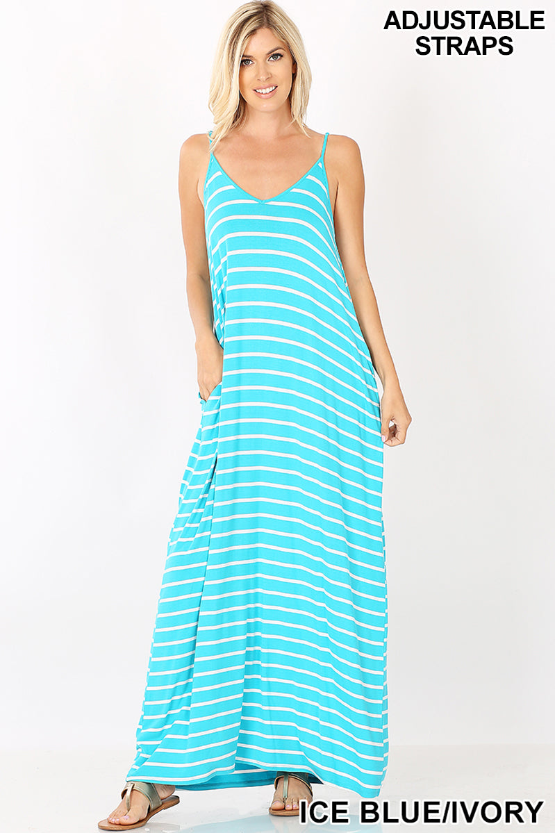 A-STRIPE CAMI MAXI DRESS WITH POCKETS
