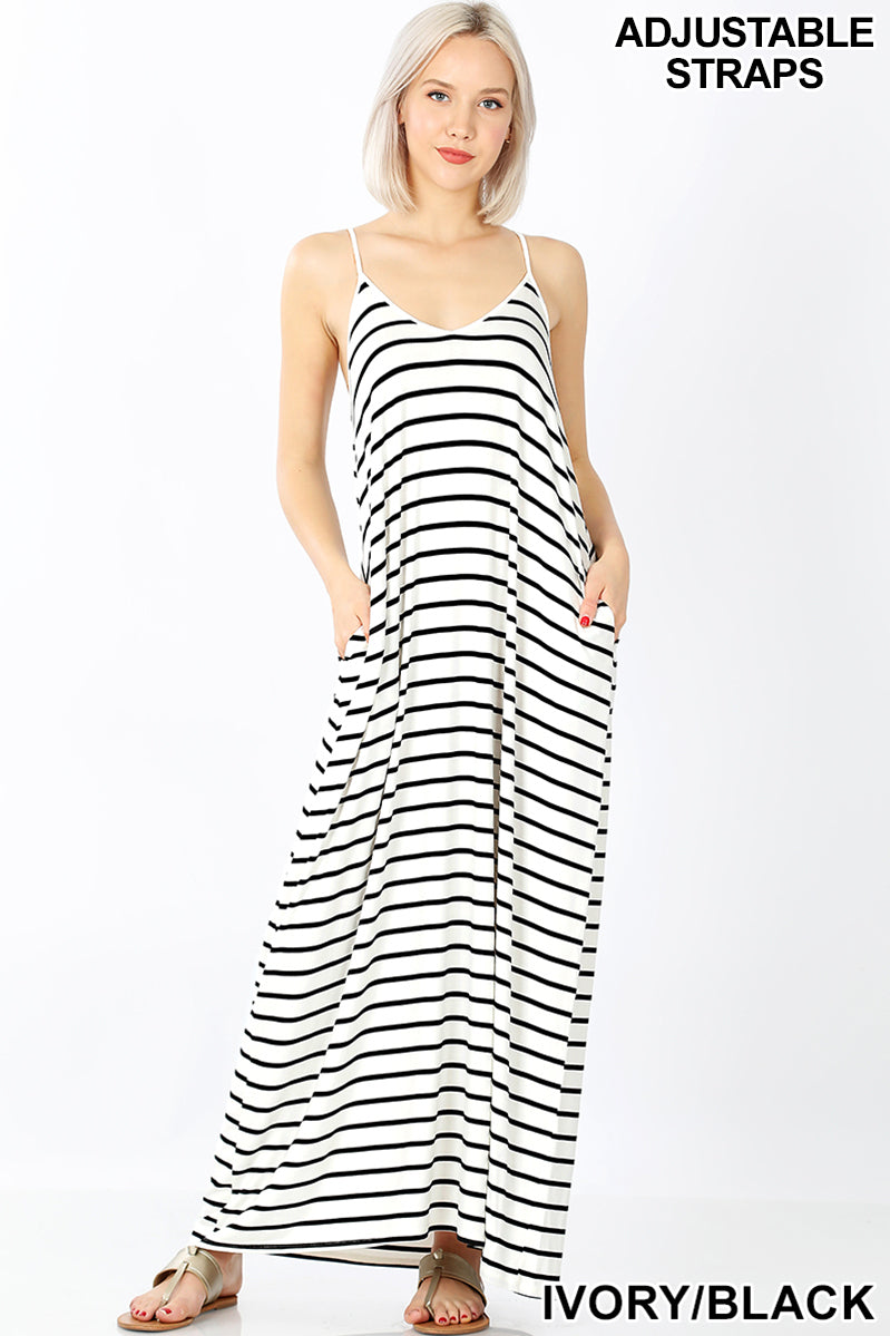 A-STRIPE CAMI MAXI DRESS WITH POCKETS