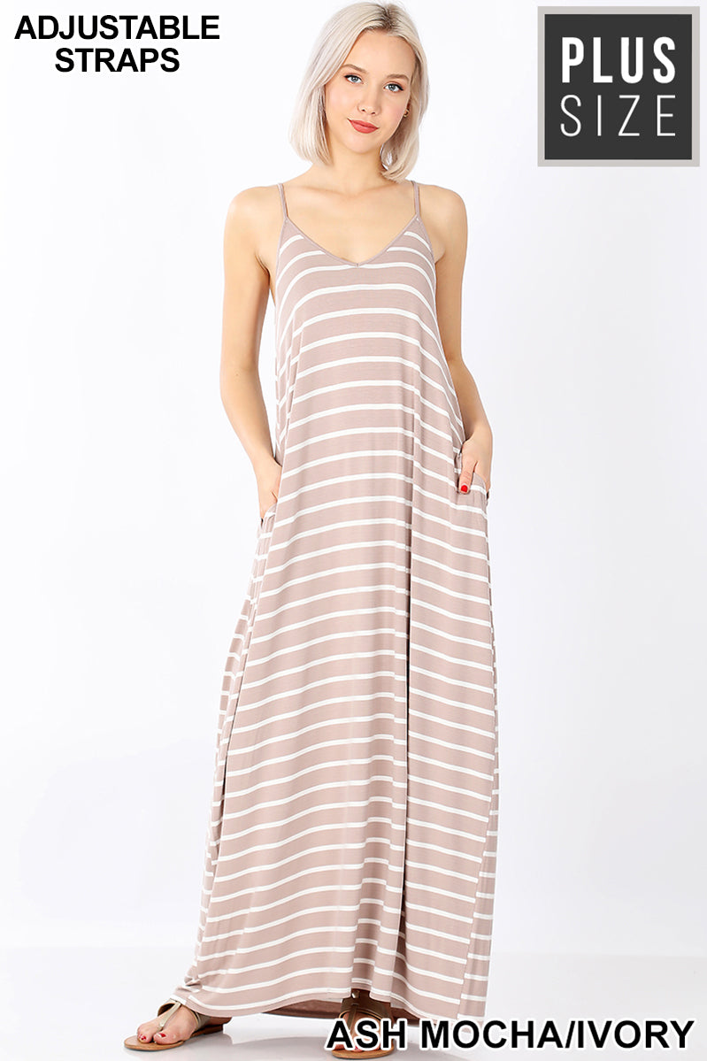 A-STRIPE CAMI MAXI DRESS WITH POCKETS