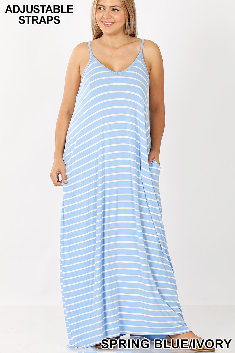 A-STRIPE CAMI MAXI DRESS WITH POCKETS