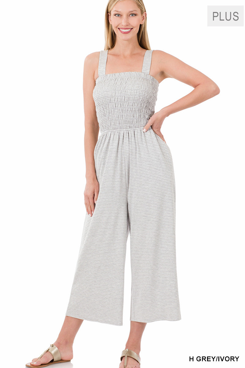 A-Plus smocked top striped jumpsuit with pockets