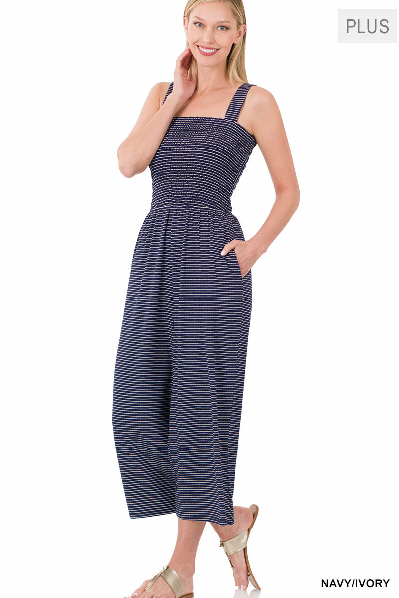A-Plus smocked top striped jumpsuit with pockets