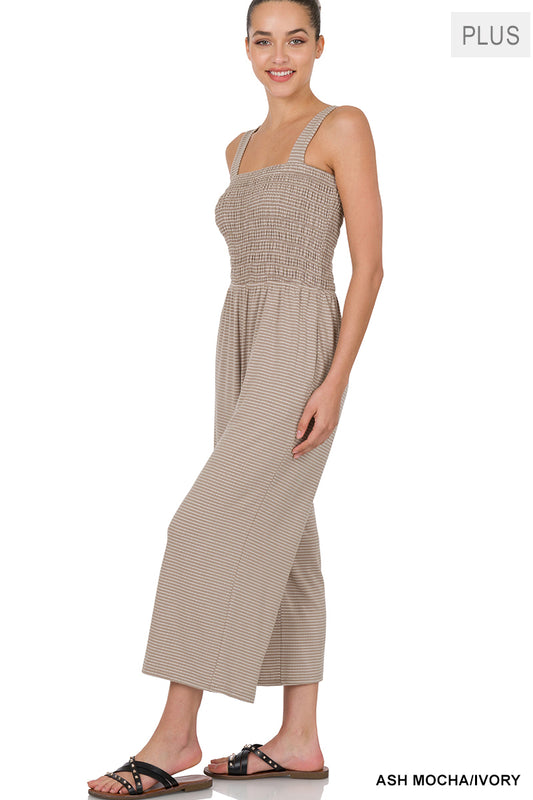 A-Plus smocked top striped jumpsuit with pockets