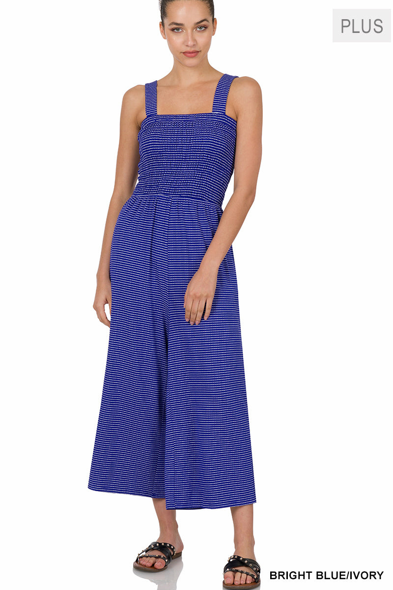 A-Plus smocked top striped jumpsuit with pockets