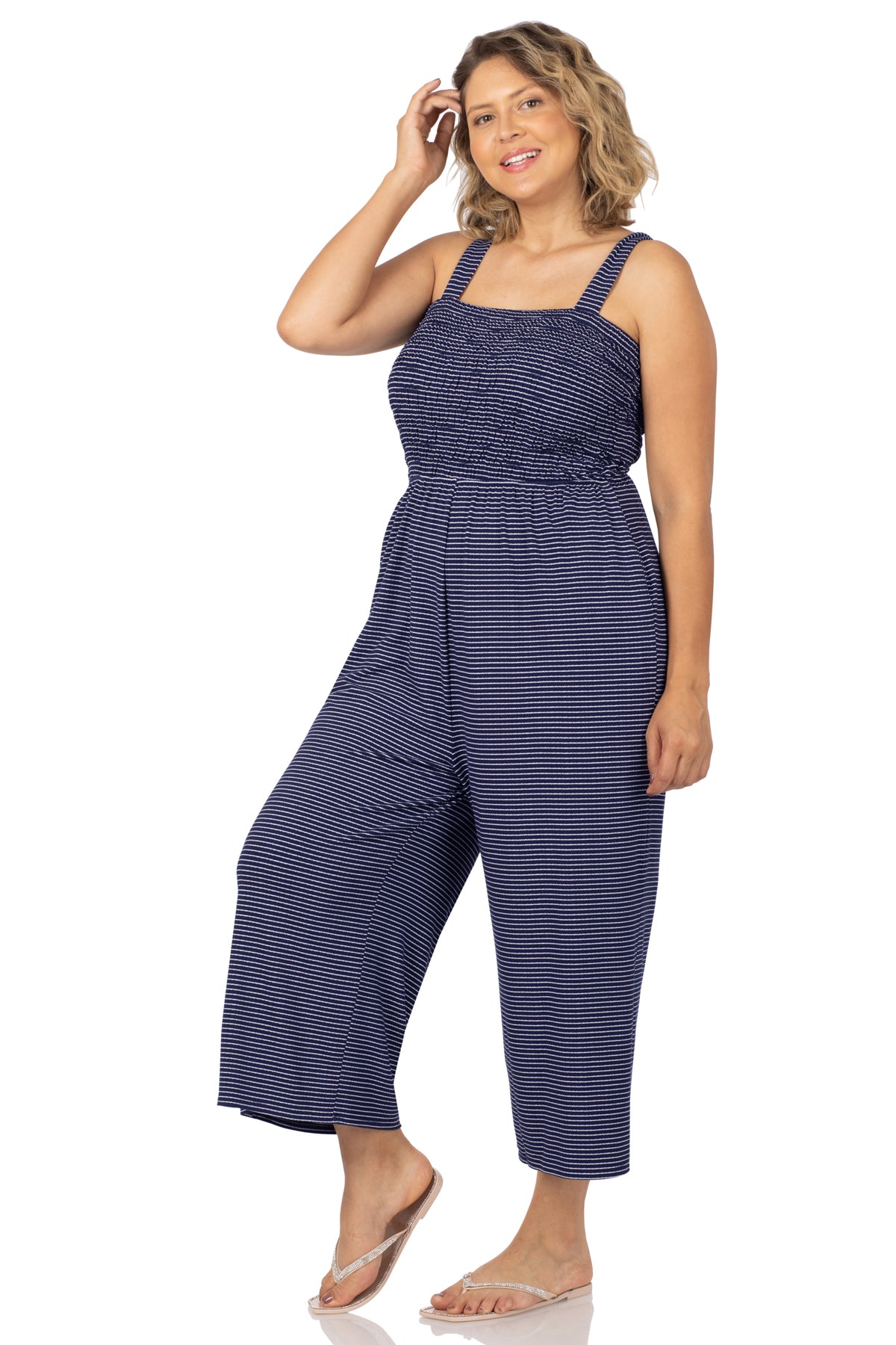 A-Plus smocked top striped jumpsuit with pockets