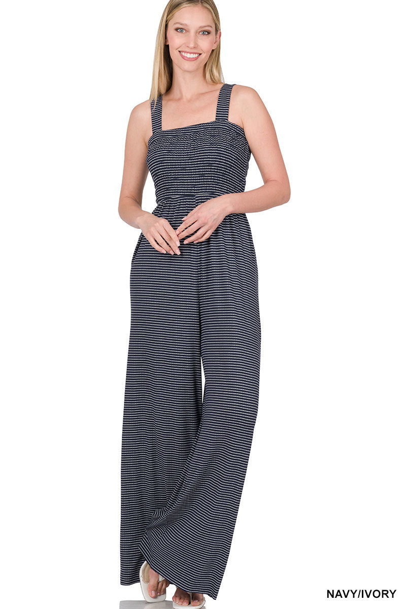 A-Smocked top striped jumpsuit