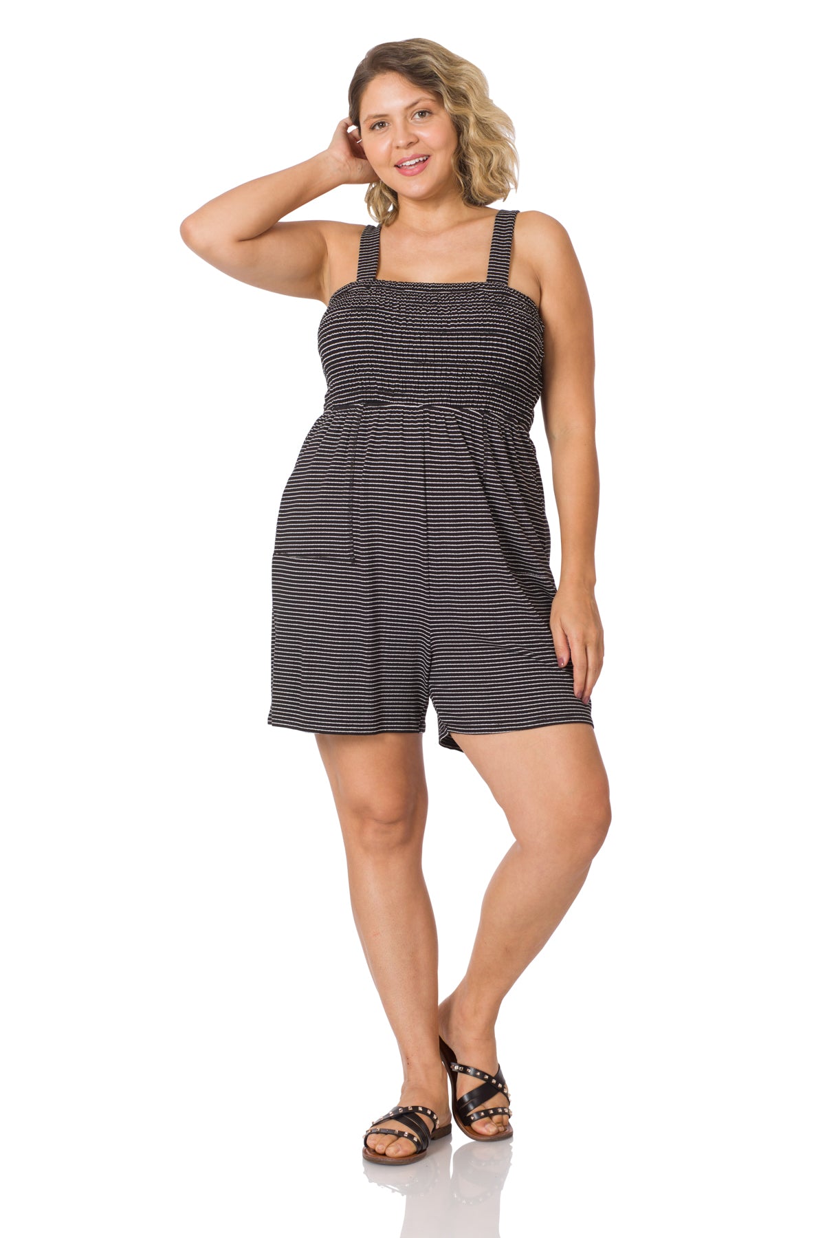 A-Plus smocked top striped romper with pockets
