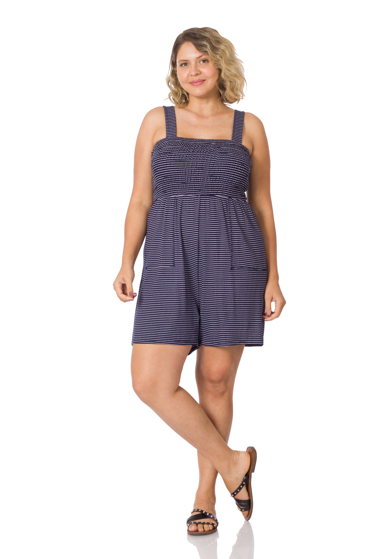 A-Plus smocked top striped romper with pockets
