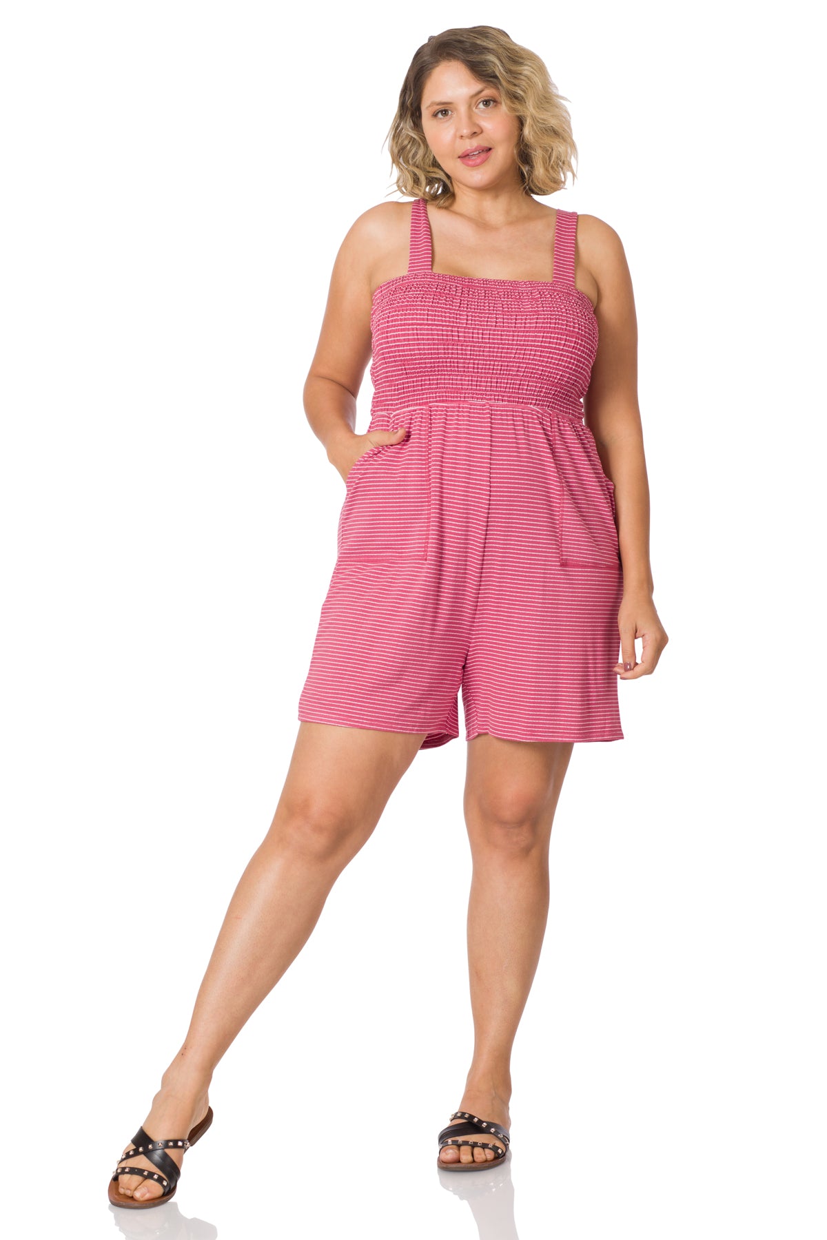 A-Plus smocked top striped romper with pockets