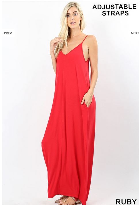 A-V-NECK CAMI MAXI DRESS WITH SIDE POCKETS