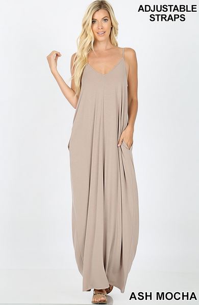 A-V-NECK CAMI MAXI DRESS WITH SIDE POCKETS