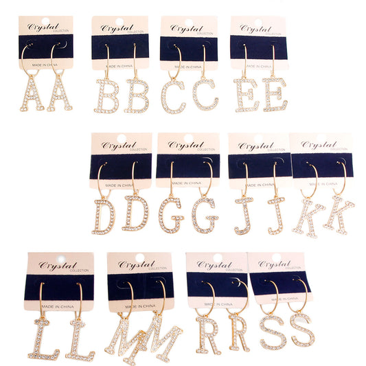 Eerrings-Rhinestone Initial Hoops