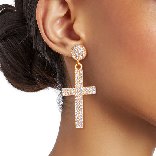 Earrings- Rhinestone Cross Drop Earrings