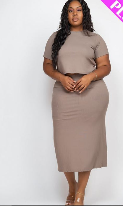 A-Plus Short Sleeve Ribbed Top & Midi Skirt Set