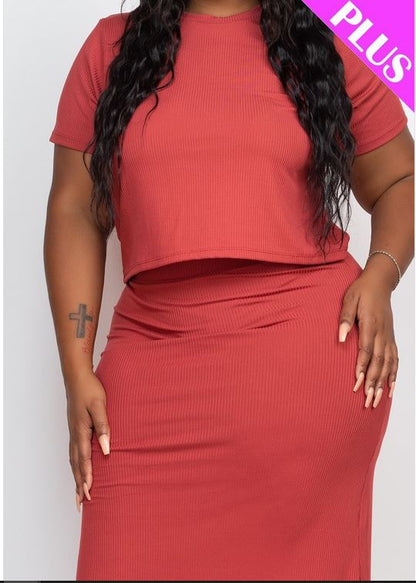A-Plus Short Sleeve Ribbed Top & Midi Skirt Set
