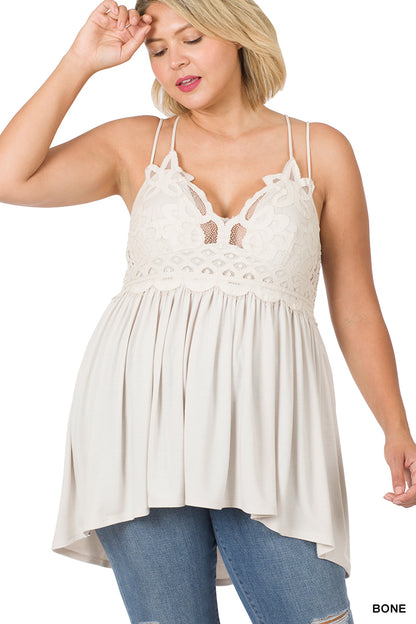 A-PLUS CROCHET LACE  CRINKLE ASYMMETRIC RUFFLE DRESS