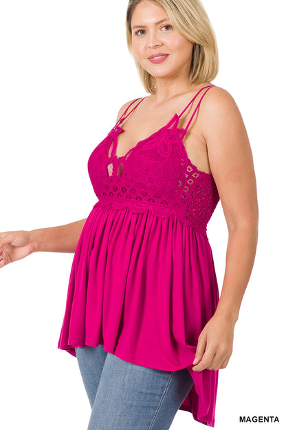 A-PLUS CROCHET LACE  CRINKLE ASYMMETRIC RUFFLE DRESS
