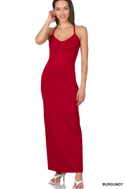 A-Brushed  thin strap racerback v-neck maxi dress