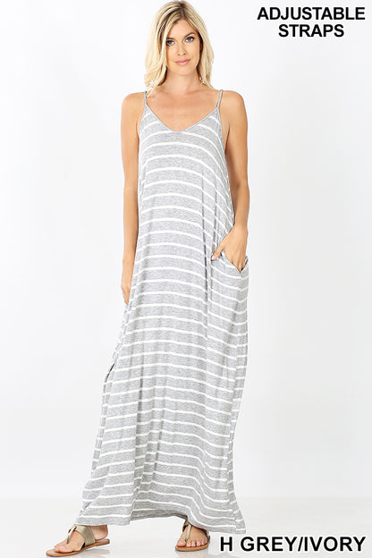 A-STRIPE CAMI MAXI DRESS WITH POCKETS
