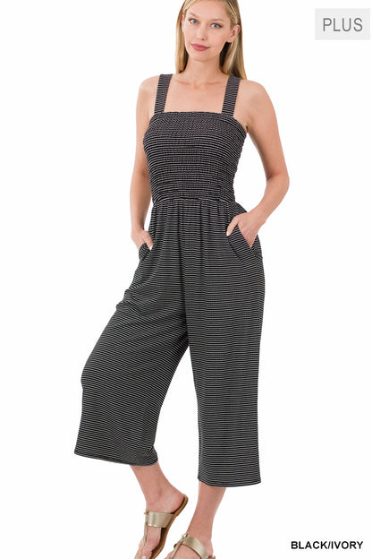 A-Plus smocked top striped jumpsuit with pockets
