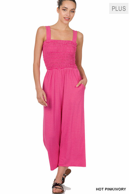 A-Plus smocked top striped jumpsuit with pockets
