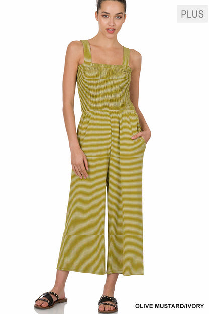 A-Plus smocked top striped jumpsuit with pockets