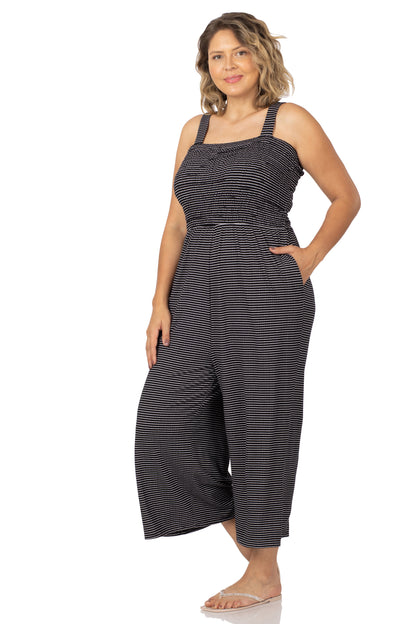 A-Plus smocked top striped jumpsuit with pockets
