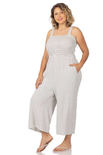 A-Plus smocked top striped jumpsuit with pockets