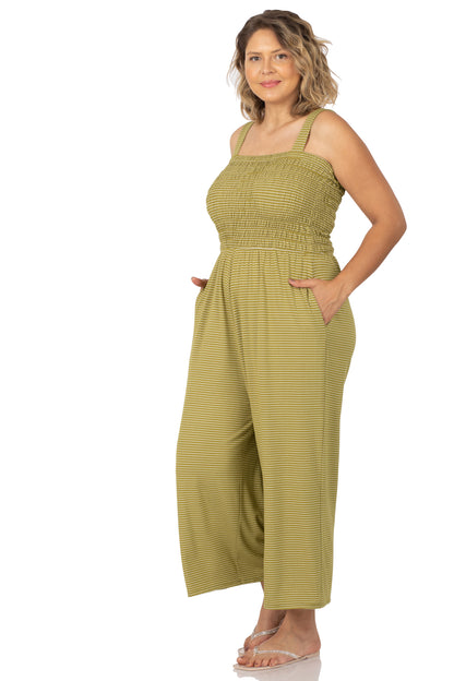 A-Plus smocked top striped jumpsuit with pockets