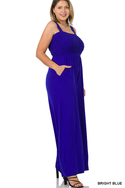 A-PLUS SMOCKED TOP JUMPSUIT WITH POCKETS - SQUARE NECK