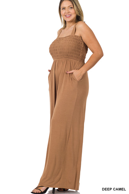 A-PLUS SMOCKED TOP JUMPSUIT WITH POCKETS - SQUARE NECK