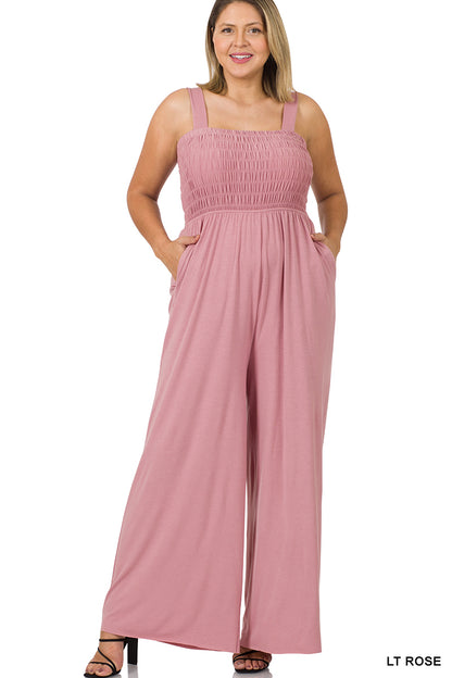 A-PLUS SMOCKED TOP JUMPSUIT WITH POCKETS - SQUARE NECK