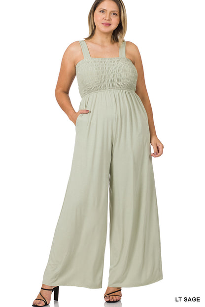 A-PLUS SMOCKED TOP JUMPSUIT WITH POCKETS - SQUARE NECK