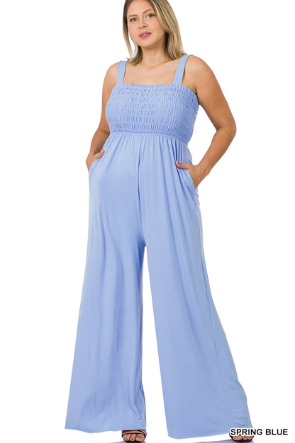 A-PLUS SMOCKED TOP JUMPSUIT WITH POCKETS - SQUARE NECK