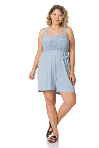 A-Plus solid smocked top romper with pockets