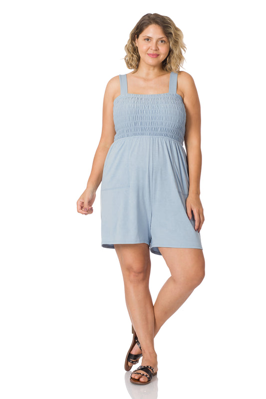A-Plus solid smocked top romper with pockets