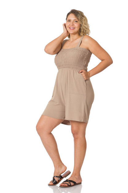 A-Plus solid smocked top romper with pockets