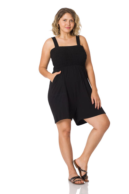 A-Plus solid smocked top romper with pockets
